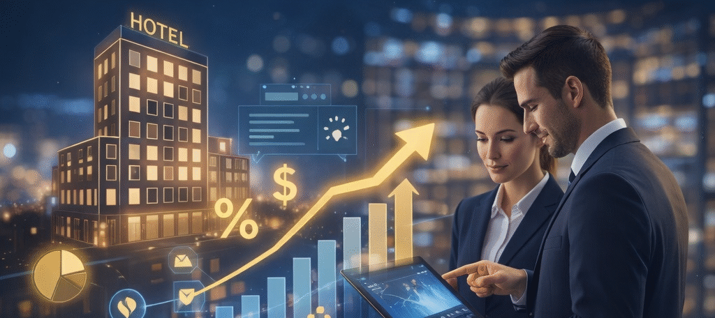 Hotel revenue optimisation strategy in 2026 showing RevPAR growth, digital analytics, and data-driven hotel profitability insights